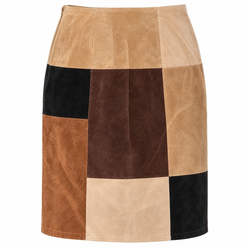 Alfani Genuine Suede Leather Patchwork Skirt 12 Brown Tan Black Y2K